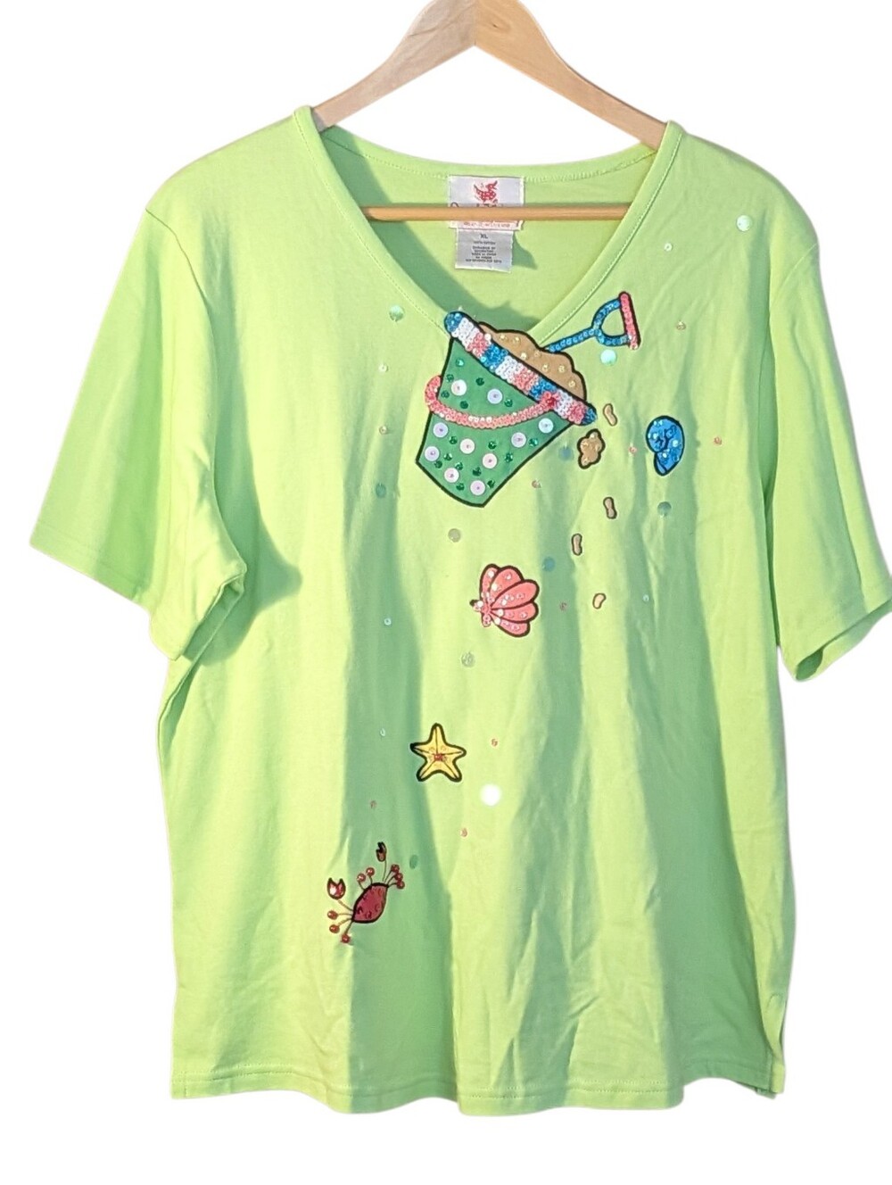 Quacker Factory Lime Green Short Sleeve Beach Bucket Tee 1X Summer Beach